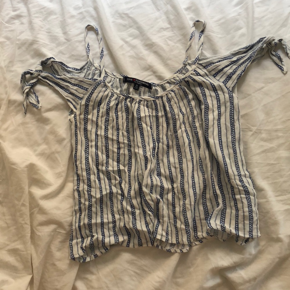 Off the shoulder blue and white tank